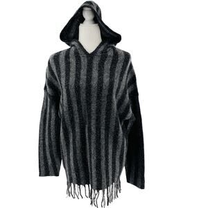 T by Alexander Wang Gray Stripe Hooded Fringe Designer Pullover Sweater Size XS